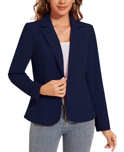Women's Long Sleeve Stretchy Button Front Lightweight Work Office Blazer with Pockets *Navy Blue,Size M*4