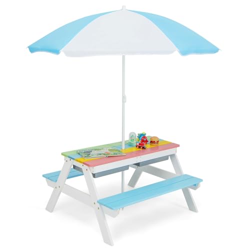 FIREFLOWERY Kids Picnic Table, 3-in-1 Toddler Picnic Table with Height Adjustable Umbrella, Kids Outdoor Table with Detachable Tabletop & Remove Play Boxes, Water Table for Garden, Yard (Blue)