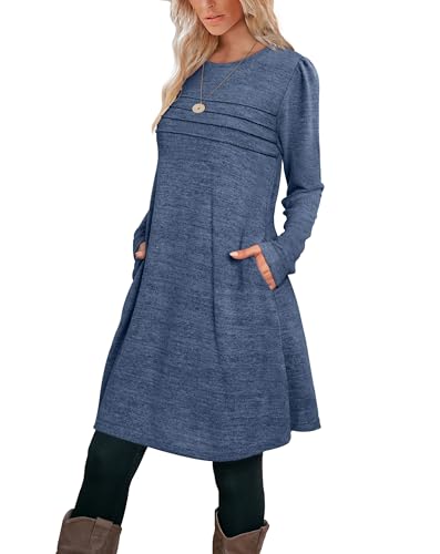 Image of OFEEFAN Womens Long Sleeve Tunic Dress Fall Fashion Sweater Dress with Pockets Pleated Front Casual Winter