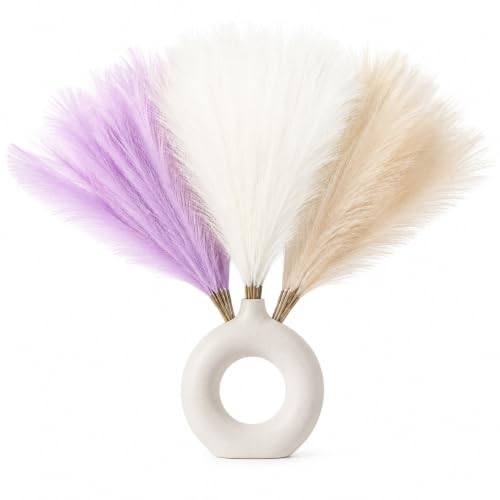 Image of Artificial Pampas Grass Set of 3 for Home Decor,Fluffy Dried Flower Stems for Vase Decoration, Boho Table Centerpiece, Artificial Flowers for Living Room Bedroom Office Decor (Purple-White-LBROWN)