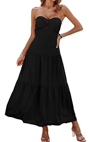 Image of ECOWISH Women's Summer Strapless Maxi Dress 2026 Off Shoulder Hollow Out Smocked A Line Tube Tiered Long Dresses