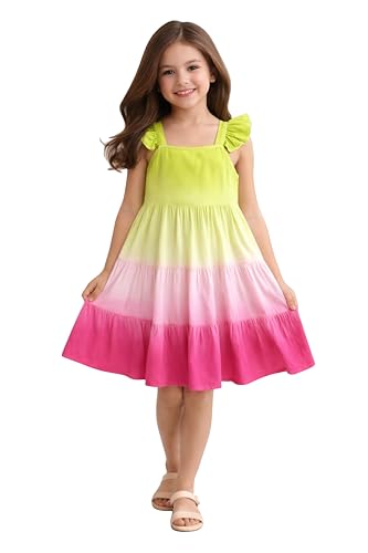 Image of The Magic Wand Kids Girls Tie Dye Casual Dresses, Knee Length Singlet Strap Fit & Flared Cotton Once Piece Stylish Frocks for Summer Season