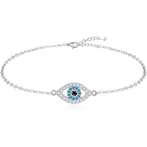 Fenthring Blue Evil Eyes Link Bracelet, Sterling Silver Evil Eye Bracelet for Women Protection Greek Turkish Third Eye Jewelry Cover