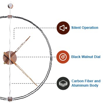Pacific Bay Barcelona Large Decorative Lightweight 24-Inch Minimalist Wall Clock - Silent, Non-Ticking, Black Walnut Wood Dial, Carbon Fiber & Steel Construction, Quartz Battery Operated #TOP1