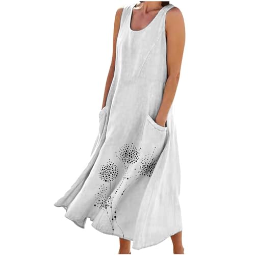 Sommer Ärmellos Kleid Damen Strandkleid Blumenmuster Sommerkleid Boho Knielang Kleider Casual A Linie Blumenkleid Rundhals Midikleid Große Größen...