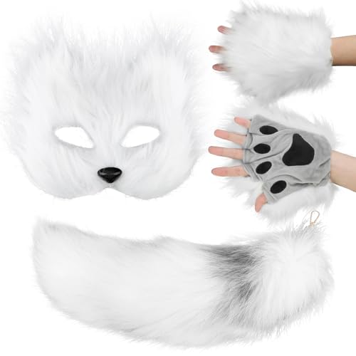 Furry Therian Mask and Fox Tail Gloves Set for Girls, Cat Mask Therian, Wolf Therian Gear, Tharian Costumes (White)