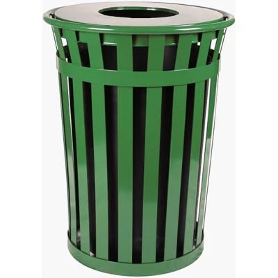 Oakmont Round 36 Gallon Commercial Trash Can | Steel Outdoor Industrial Trash Can with Flat Top | Great for Outdoor Public Spaces - Green