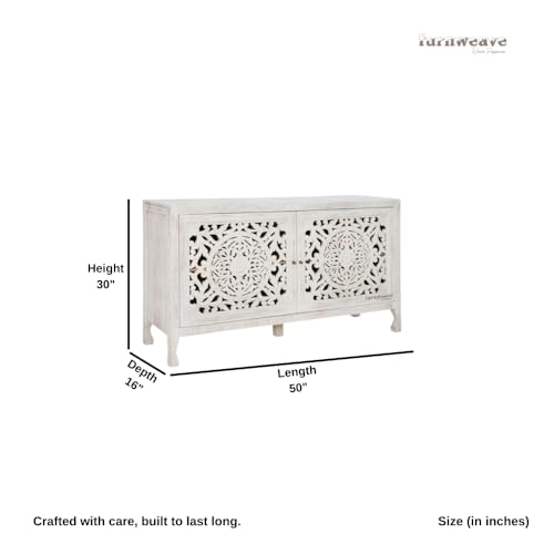 Image of Yepa Wooden Sideboard Cabinet for Living Room | Handcrafted Solid Wood Storage Cabinet with Carved Doors | Crockery Cabinet for Home | Crockery Furniture for Home (White Distress)