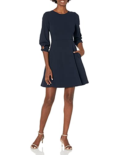 Amazon Brand - Lark & Ro Women's Gathered 3/4 Sleeve Crew Neck Fit and Flare Dress with Pockets, Navy, 6