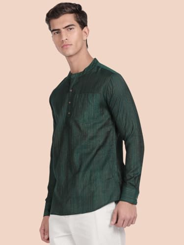 Image of KRYPTIC Men's Full Sleeve Regular Fit Short Kurta in Premium Pure Cotton with Patch Pocket and Mandarin Collar - Perfect Blend of Style and Comfort