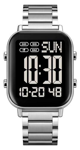 FANMIS Classic Unisex Digital Sports Watches Women's Men's Multifunctional Watch Stainless Steel Band Square Big Numbers Dial Waterproof Electronic Led Watch (Silver Black)