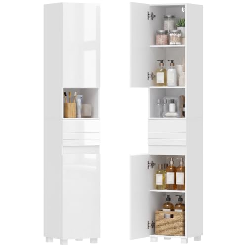 HOMCOM Armario Alto de Baño Alto Brillo con Cajón, 30x30x170 cm Blanco