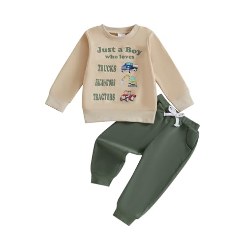 Geagodelia Toddler Baby Boy Spring Fall Outfit Clothes Letter Tractor Print Sweatshirt Jumper Top Trouser Jogger Clothing Set (Khaki, 4-5T)