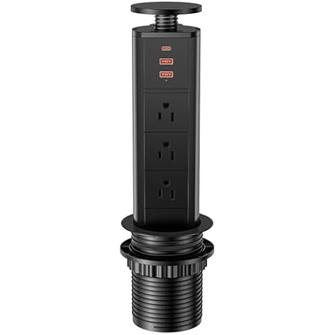 BTU Pop Up Outlet with USB Ports, Pop Up Outlet for Countertop with 3 AC Outlet, 2 USB A Ports and 1 USB C Port Hidden Outlet Plug Pop Up Outlet for Kitchen Countertop Conference Office, Black Cover