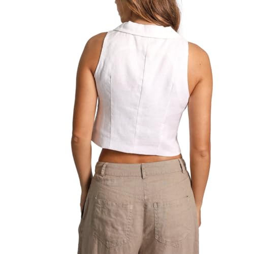 Amazhiyu Womens 100% Linen Summer Button Up Crop Top Lapel Waistcoat Vest Casual White, Small3