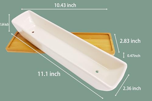 SWONVI 2 pcs 11.1 inch Long Rectangle White Ceramic Succulent Planter Pots/Mini Flower Plant Containers with Bamboo Saucers Plant Window Boxes for Office/Home, 11 x2.28x1.73inch