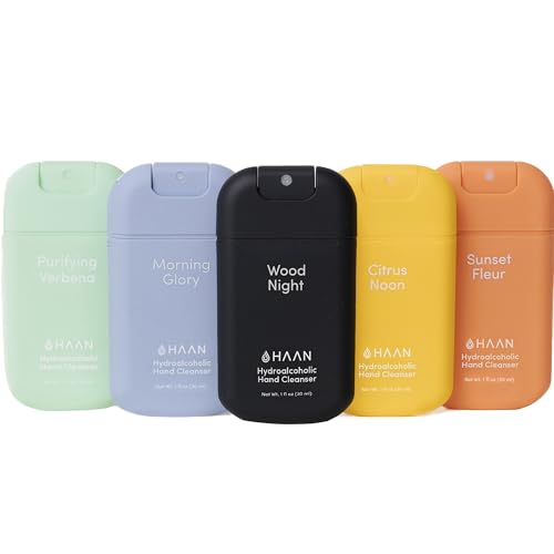 HAAN Spray Limpiador de Manos Hidratante con Aloe Vera (Pack de 5), Limpia Tus Manos - 1 de Cada Aroma: Wood Night, Morning Glory, Sunset Fleur, Citrus Noon, Purifying Verbena