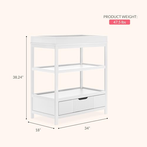 Image of Dream On Me Ivy Baby Changing Table - Compact Modern Changing Station with Spacious Drawer & 2 Open Shelves, New Zealand Pinewood, Easy-to-Clean Non-Toxic Finish, Space-Saving Nursery Storage - White
