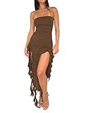 Balimtoy Women's Strapless Ruffle Bodycon Midi Dress Y2k Tube Dresses Sexy Split Thigh Club Party Dresses Brown XS