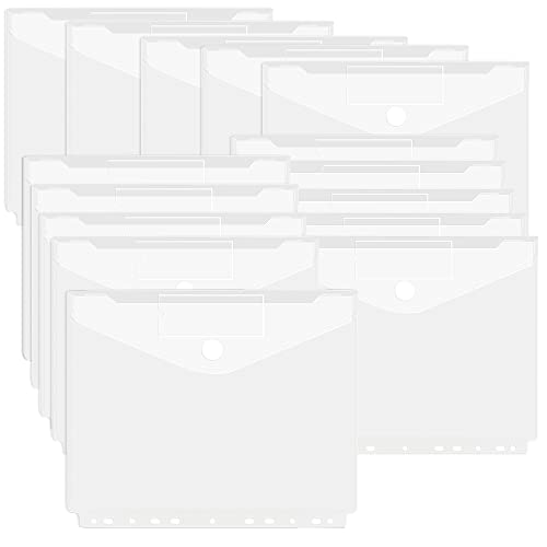 A4 Binder Pocket,FOME 15pcs Binder Organizer Snap Button Pouch with Label for School, Home and Office,11 Holes Clear A4 Binder Pockets Envelope Letter for 3 Ring Binder Folders
