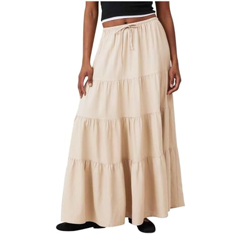 Maxi Skirts for Women Tiered Long Skirts Pleated Adjustable Elastic Waist Tie Skirt Fashion A Line Flowy Long Skirt