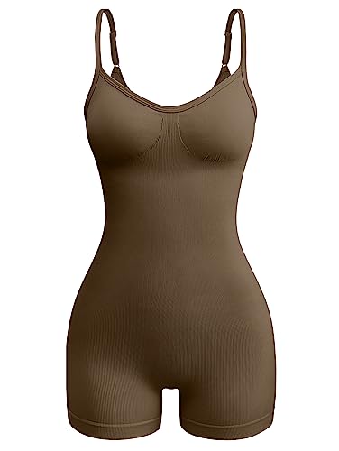 Oqq Women's Yoga Ribbed One Piece Spaghetti Strap Sleeveless Top Romper, Coffee, Large #TOP22