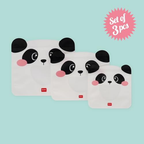 Legami - Set mit 3 Lebensmittelbeuteln, 3 verschiedene Größen S, M, L, wiederverschließbare Beutel, wiederverwendbar, spülmaschinenfest, praktische Snack-Taschen, Panda