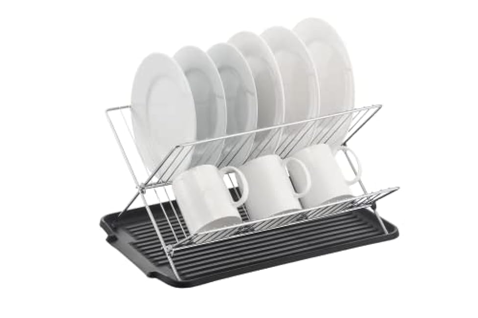 J&V TEXTILES Foldable Dish Drying Rack with Drainboard, Stainless Steel 2 Tier Drainer Rack, Collapsible Folding Rack for Kitchen Sink, Countertop, Cutlery, Plates (Black)