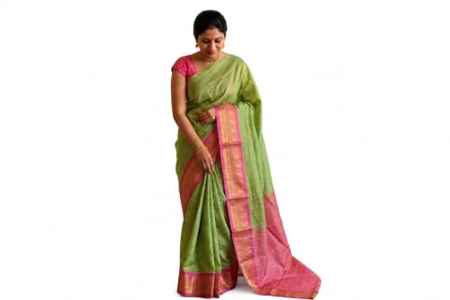 Green and Pink Handwoven Pure Silk Saree