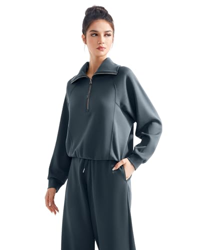 SUUKSESS Women 2 Piece Lounge Matching Sets Wide Leg Sweatpants Half Zip Oversized Sweatshirts (Dark Storm, S)