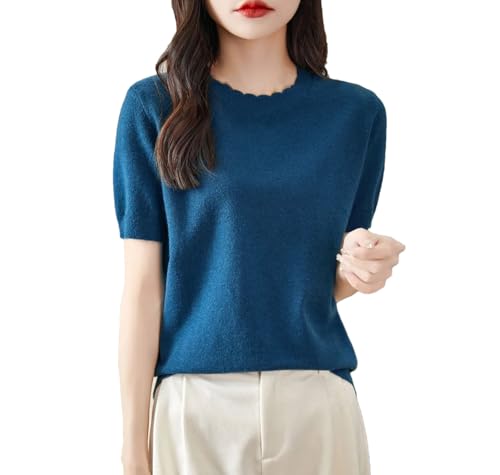T-shirt en tricot pour femme - Haut à manches courtes et col rond d'été