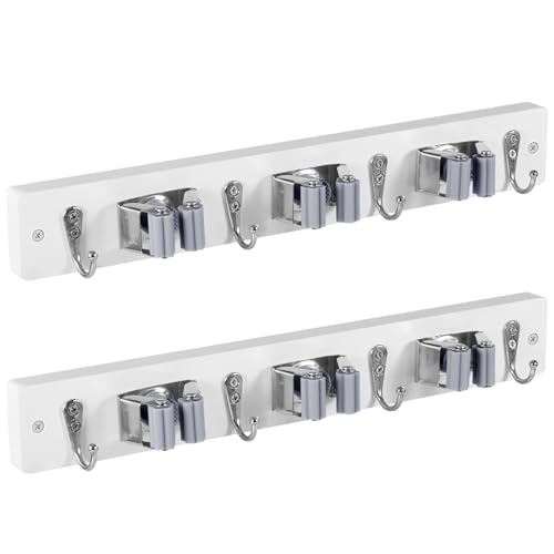 Image of OUTNILI 2 Pack White Mop Broom Holder Wall Mount with 3 Slots & 4 Hooks - Rustic Wood Broom Mop Hanger for Pantry Kitchen Organization - Garden Tool Organizer for Closet Laundry Room