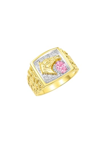 Image of Rylos Men's Yellow Gold-Plated Sterling Silver Lucky Nugget Horse Head Ring with 6X4MM Gemstone and Diamonds - Birthstone Elegance for Men, Sizes 8-13 Available