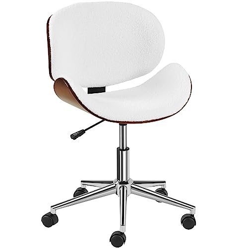 Yaheetech Ergonomic Desk Chair Armless Office Chair Mid-Century Bentwood Seat Computer Chair Boucle Fabric Swivel Chair Height Adjustable for Bar Meeting Room Hotel, White