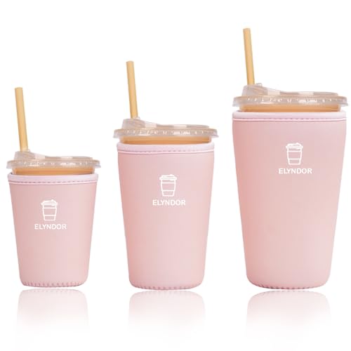 Image of Reusable Insulated Sleeve for Iced Coffee Cup, 3-Pack Coffee Neoprene Drink Sleeve for Cold & Hot Drinks, Beverage Holder for Iced Coffee (Pink Solid)