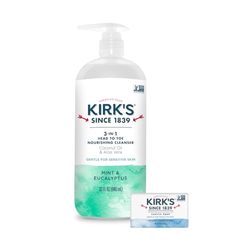 Kirk's 3-in-1 Head to Toe Nourishing Liquid Cleanser & Travel Size Bar Soap - for Men, Women & Children - Premium Coconut Oil & Aloe Vera- Non GMO & Vegan -Mint & Eucalyptus - 32 Fl Oz