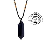 Runyangshi Black Obsidian Healing Crystal Pendants, Double Pointed Natural Crystal Quartz Necklace 6 Faceted Chakra Crystal Wand Stone