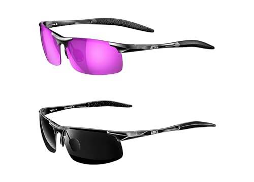ATTCL Bundle gifts for men Fashion Driving Polarized Sunglasses for Men Al-Mg Metal Frame Ultra Light:(8177-Black-purple)+(8177-black-gray)