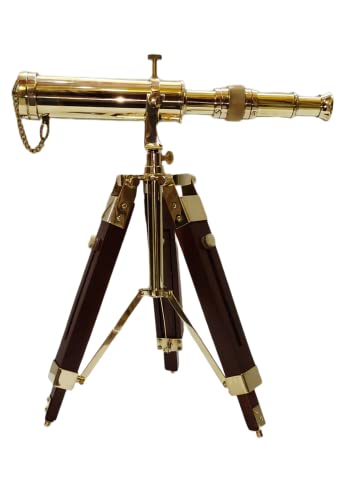 Nautical Handmade Tripod Telescope Decorative Desktop Shiny Brass Brown Wooden Tripod Stand