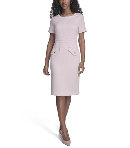 Image of Tommy Hilfiger Women's Short Sleeve Round Neck Novelty Button Tweed Mini Sheath Dress