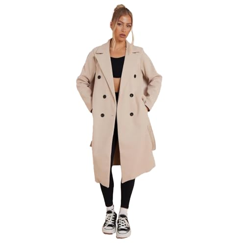 Womens Long Trench Coat with Belt Double Breasted Overcoat Windproof Casual Jacket Classic Lapel Collar Winter & Fall Outerwear (Beige) 8-16