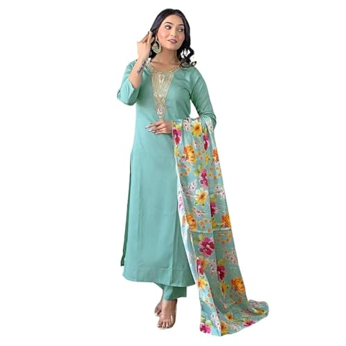 Image of Naixa Women's Rayon Embroidery Printed Straight Kurta with Pant and Dupatta Sets for Wedding Party and Festival Wear (NX3 508-Firoji-XS)