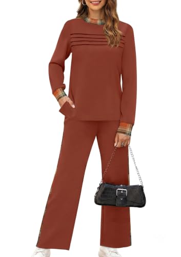 Image of WIHOLL Two Piece Sets for Women Fall Travel Vacation Outfits 2026 Long Sleeve Lounge Sets Side Slit Wide Leg Pants XS-3XL