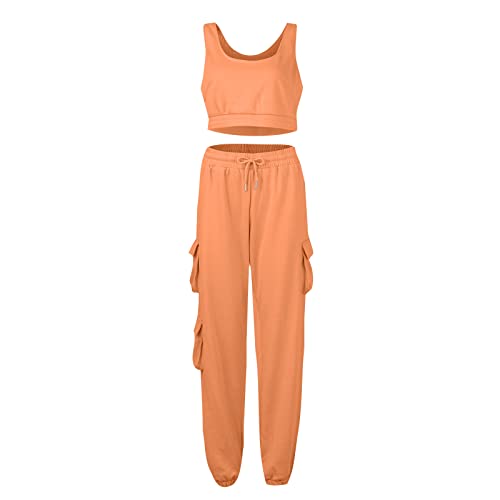 Hthlvmd Women's Summer Casual Two Piece Outfits Sweatsuits Tank Scoop Neck Ribbed Knit Long Pants Tracksuits Orange #TOP3