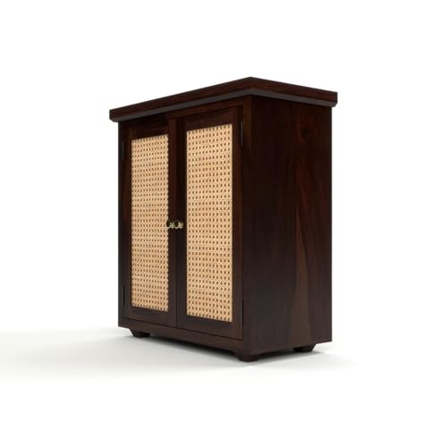 Image of Solid Sheesham Wood Sideboard Cabinet for Living Room | Wooden Storage Cabinet with 2 Cane Doors & Shelf | Modern Rattan Design Sideboard for Home (Walnut Finish)