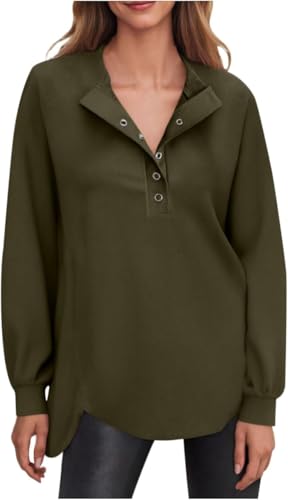Kenhansion Women's Button Up Long Sleeve Henley Tops Casual Loose Tunic Pullover Sweatshirt Slit Shirts Fall Winter Outfits (Army Green,Medium)
