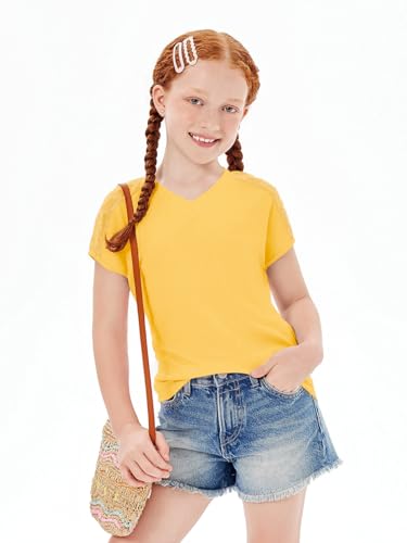 Image of Haloumoning Girls V Neck T-Shirts Kids Summer Swiss Dot Short Sleeve Tops Cute Fashion Tees 5-14 Years