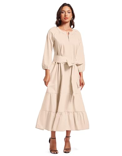 Image of YEXPINE Women's Ruffle Maxi Dress Puff Sleeve Flowy Tiered Long Dress with Belt
