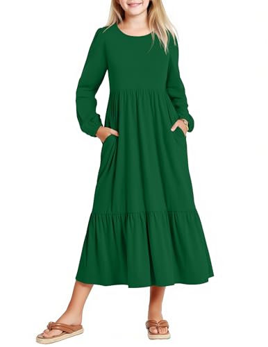 Image of Arshiner Girls Maxi Dresses Lantern Long Sleeve Casual Holiday Dress with Pockets for 5-14 Y