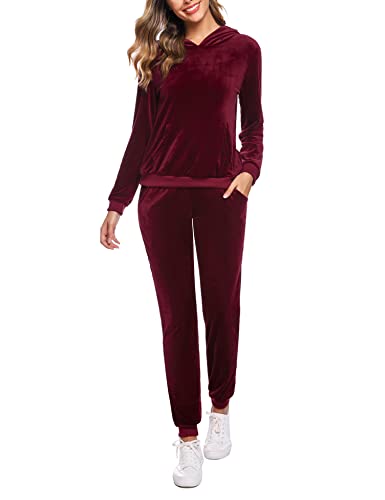 Gyabnw Hausanzug Damen Velours Schlafanzug Jogginganzug Trainingsanzug Nicki Freizeitanzug Samt Warm Weich Pyjama Set Sportanzug Kapuzen Sweatshirt & Hose Zu Hause für Sport Freizeit, Weinrot XS Cover